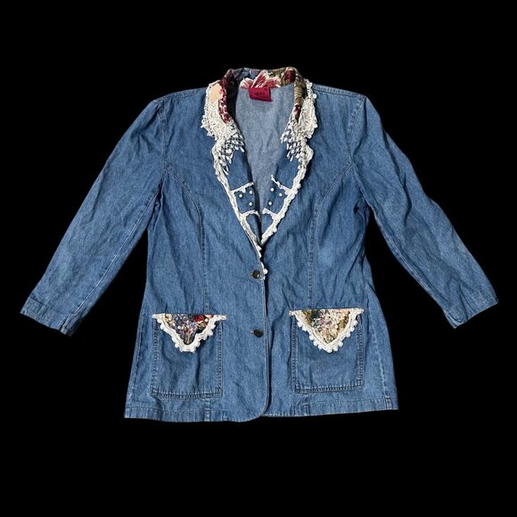 Vintage Blazer Jacket Floral Lace 1990s Carols Denims 1XL Romantic Cottagecore - Picture 2 of 10